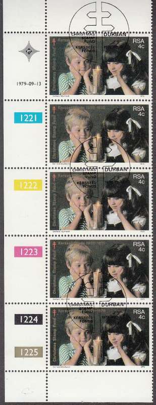 RSA 1979: 50th ANNIVERSARY OF THE S.A. CHRISTMAS FUND 4c CONTROL STRIP OF 5 CTO (SACC 468)