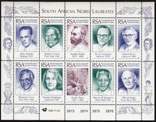 RSA 1996: SOUTH AFRICAN NOBEL LAUREATES SHEETLET OF 10 MNH (SACC 991)