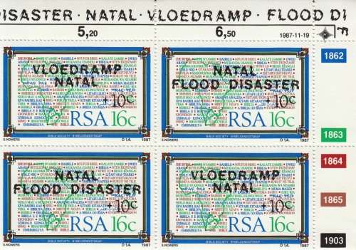 RSA 1987: NATAL FLOOD DISASTER 16c + 10c CONTROL BLOCK OF 4 MNH (SACC 640/1)