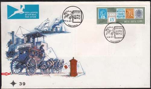 RSA OFFICIAL FDC 39 1974: CENTENARY OF UPU - VARIETY MAJOR SHIFT OF BLACK TO LEFT