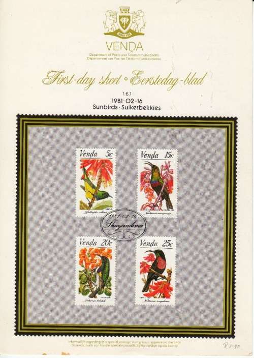 VENDA 1981 COLLECTORS SHEET 1.6.1: SUNBIRDS