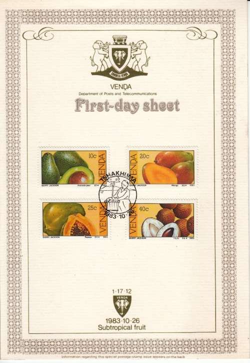 VENDA 1983 COLLECTORS SHEET 1.17.12: SUBTROPICAL FRUIT