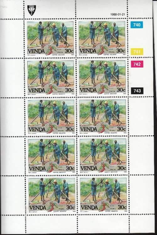 VENDA 1988: COFFEE INDUSTRY FULL SET OF SHEETS OF 10 MNH (SACC 168-171)