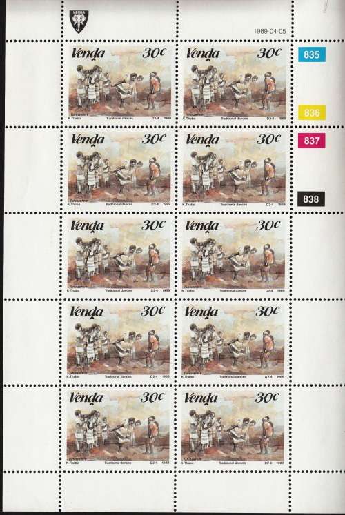 VENDA 1989: TRADITIONAL DANCES 30c, 40c and 50c SHEETS OF 10 MNH (SACC 189-191)