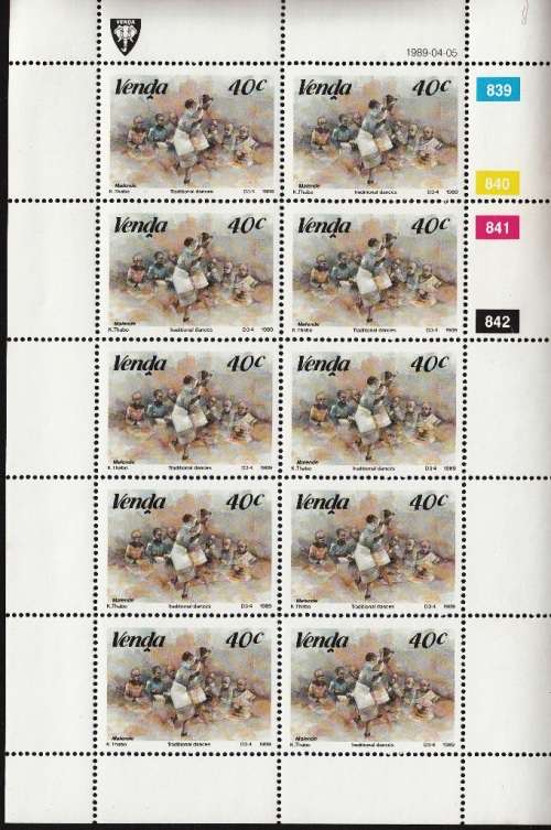 VENDA 1989: TRADITIONAL DANCES 30c, 40c and 50c SHEETS OF 10 MNH (SACC 189-191)