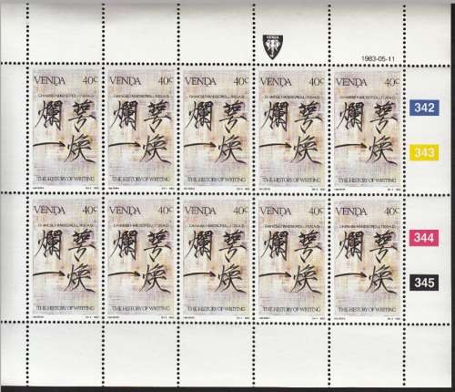 VENDA 1983: HISTORY OF WRITING (2nd) FULL SET OF SHEETS OF 10 MNH (SACC 75-78)