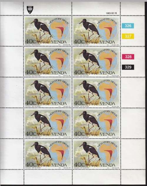 VENDA 1983: MIGRATORY BIRDS FULL SET OF SHEETS OF 10 MNH (SACC 71-74)