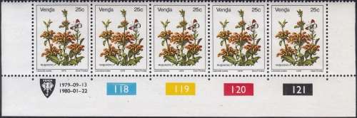 VENDA 1979: 1st DEFINITIVE ISSUE REPRINT 25c CONTROL STRIP OF 5 MNH (SACC 17a)