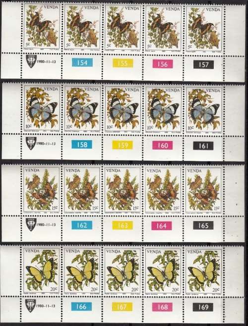 VENDA 1980: BUTTERFLIES FULL SET CONTROL STRIPS OF 5 MNH (SACC 34-37)