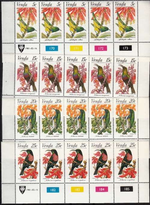 VENDA 1981: SUNBIRDS FULL SET CONTROL STRIPS OF 5 MNH (SACC 38-41)