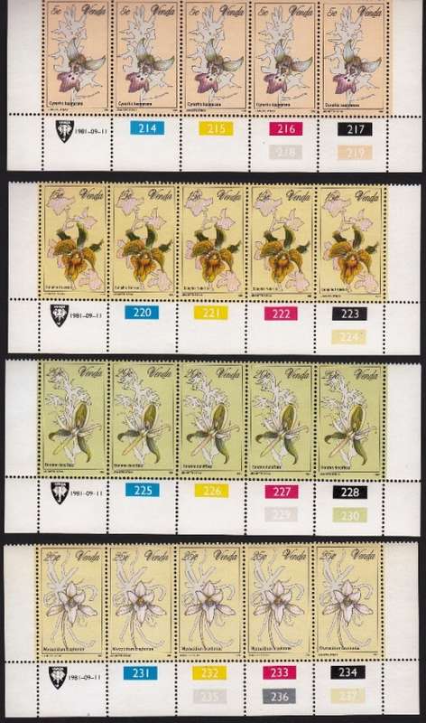 VENDA 1981: ORCHIDS FULL SET CONTROL STRIPS OF 5 MNH (SACC 46-49)