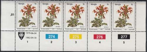 VENDA 1982: FLOWERS 1c REPRINT CONTROL STRIP OF 5 MNH (SACC 5a)