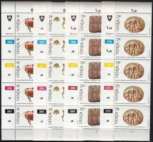 VENDA 1982: HISTORY OF WRITING (1st) FULL SET CONTROL STRIPS OF 5 MNH (SACC 59-62)
