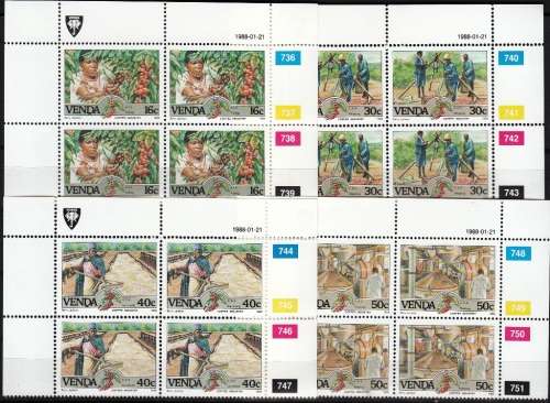 VENDA 1988: COFFEE INDUSTRY FULL SET CONTROL BLOCKS OF 4 MNH (SACC 168-171)