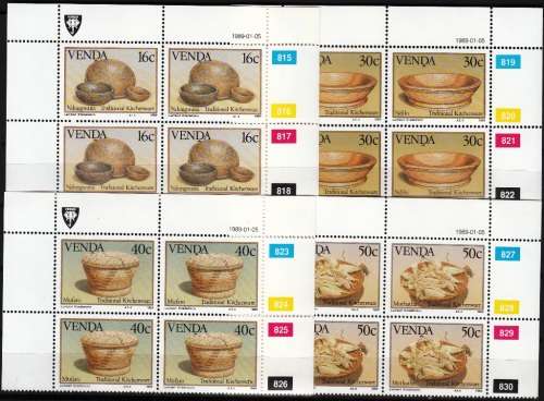 VENDA 1989: TRADITIONAL KITCHENWARE FULL SET CONTROL BLOCKS OF 4 MNH (SACC 184-187)