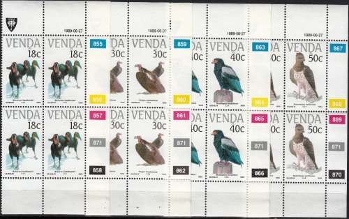 VENDA 1989: ENDANGERED BIRDS FULL SET CONTROL BLOCKS OF 4 MNH (SACC 192-195)