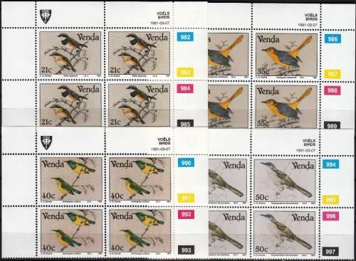 VENDA 1991: BIRDS OF VENDA FULL SET CONTROL BLOCKS OF 4 MNH (SACC 218-221)