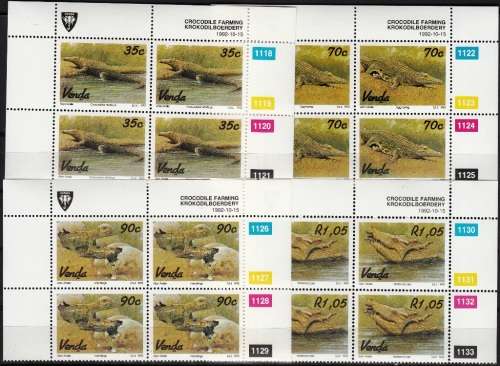 VENDA 1992: CROCODILE FARMING FULL SET CONTROL BLOCKS OF 4 MNH (SACC 242-245)