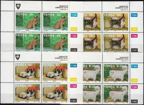 VENDA 1993: DOMESTIC CATS FULL SET CONTROL BLOCKS OF 4 MNH (SACC 250-253)