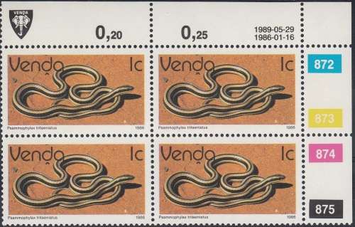 VENDA 1986: 2nd DEFINITIVE ISSUE: REPTILES 1c CONTROL BLOCK OF 4 (1989) MNH (SACC 121a)