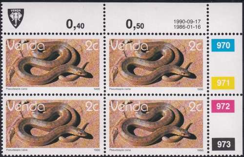 VENDA 1986: 2nd DEFINITIVE ISSUE: REPTILES 2c CONTROL BLOCK OF 4 (1990) MNH (SACC 122)
