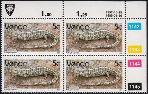 VENDA 1986: 2nd DEFINITIVE ISSUE: REPTILES 5c CONTROL BLOCK OF 4 (1992) MNH (SACC 125a)