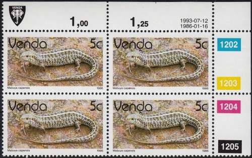 VENDA 1986: 2nd DEFINITIVE ISSUE: REPTILES 5c CONTROL BLOCK OF 4 (1993) MNH (SACC 125)