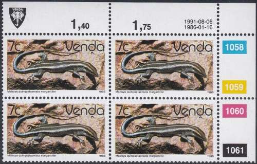 VENDA 1986: 2nd DEFINITIVE ISSUE: REPTILES 7c CONTROL BLOCK OF 4 (1991) MNH (SACC 127)