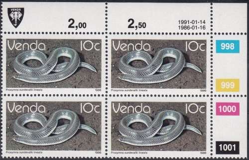VENDA 1986: 2nd DEFINITIVE ISSUE: REPTILES 10c CONTROL BLOCK OF 4 (1991) MNH (SACC 130)