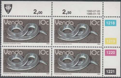 VENDA 1986: 2nd DEFINITIVE ISSUE: REPTILES 10c CONTROL BLOCK OF 4 (1993) MNH (SACC 130a)