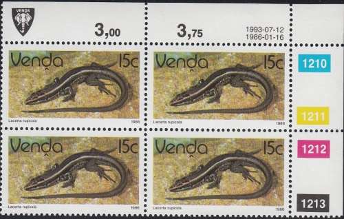 VENDA 1986: 2nd DEFINITIVE ISSUE: REPTILES 15c CONTROL BLOCK OF 4 (1993) MNH (SACC 131)