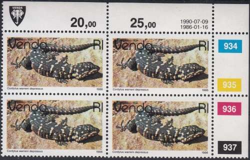 VENDA 1986: 2nd DEFINITIVE ISSUE: REPTILES R1 CONTROL BLOCK OF 4 (1990) MNH (SACC 136)