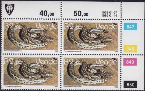 VENDA 1986: 2nd DEFINITIVE ISSUE: REPTILES R2 CONTROL BLOCK OF 4 (1989) MNH (SACC 137a)