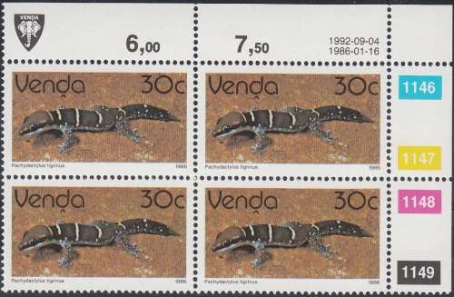 VENDA 1986: 2nd DEFINITIVE ISSUE: REPTILES 30c CONTROL BLOCK OF 4 (1992) MNH (SACC 134a)