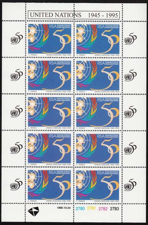 RSA  1995: 50th ANNIVERSARY OF UNITED NATIONS FULL SHEET OF 10 MNH (SACC 922)