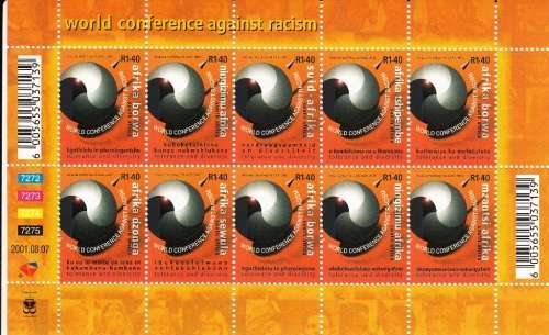 RSA  2001: WORLD CONFERENCE AGAINST RACISM FULL SHEET OF 10 MNH (SACC 1422)