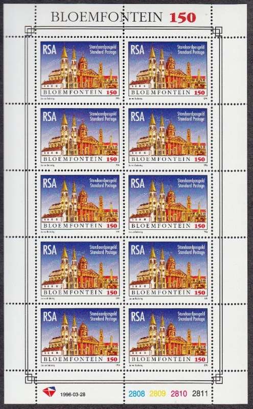 RSA 1996: 150th ANNIVERSARY OF BLOEMFONTEIN FULL SHEET OF 10 MNH (SACC 940)
