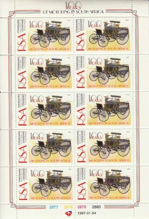 RSA 1997: 100 YEARS OF MOTORING IN SA FULL SHEET OF 10 MNH (SACC 996)