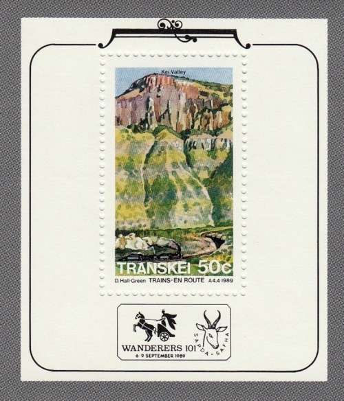 TRANSKEI FOUNDATION MINIATURE SHEET 1989: TRAINS EN ROUTE MNH (SACC 235a)