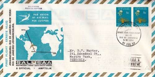 RSA 1969: SAA 1ST FLIGHT JHB-NEW YORK ON OFFICIAL FDC 9 ADDRESSED