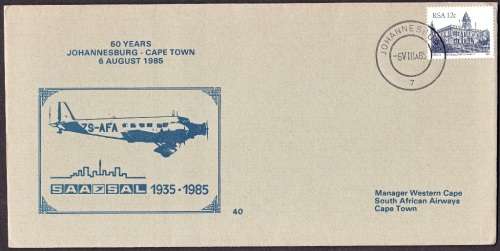 RSA 1985: SAA COVER NO 40 - 50 years JOHANNESBURG TO CAPE TOWN