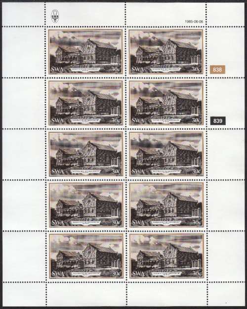 SWA 1985: HISTORIC BUILDINGS OF WINDHOEK FULL SET OF FULL SHEETS OF 10 MNH (SACC 454-457)
