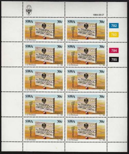 SWA 1984: CENTENARY OF COLONIAL COLONISATION FULL SET OF FULL SHEETS OF 10 MNH (SACC 441-444)