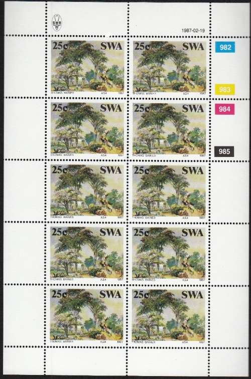 SWA 1987: PAINTINGS BY THOMAS BAINES SET OF FULL SHEETS OF 10 MNH (SACC 485-488)