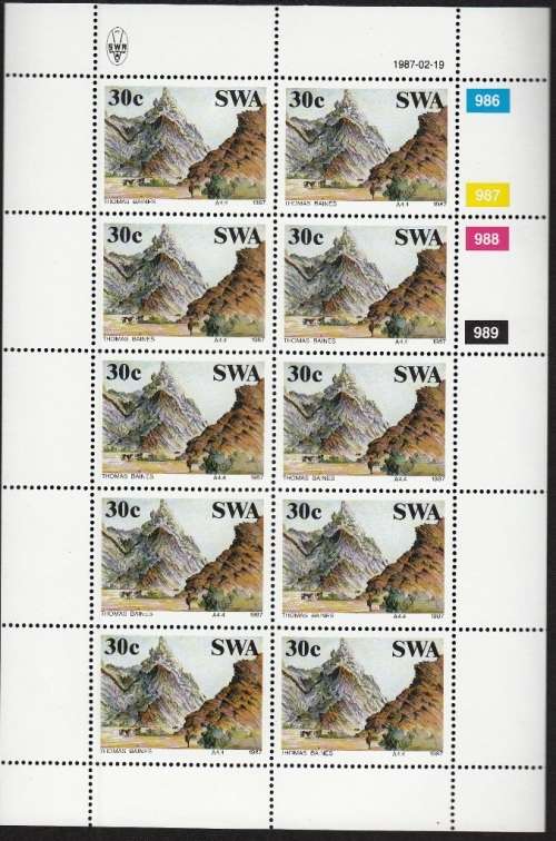 SWA 1987: PAINTINGS BY THOMAS BAINES SET OF FULL SHEETS OF 10 MNH (SACC 485-488)