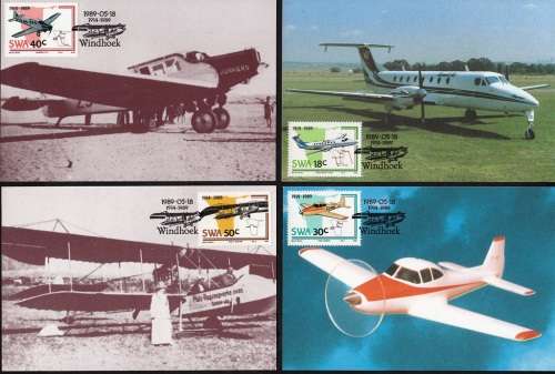 SWA POSTCARDS#82-85 1989: 75th ANNIVERSARY OF AERONAUTICS IN SWA - SET OF 4 - UNUSED CTO