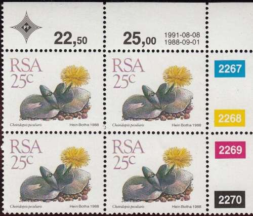 RSA 1991: 5th DEFINITIVE ISSUE 25c CONTROL BLOCK OF 4 (8-8-1991)  MNH (SACC 675)