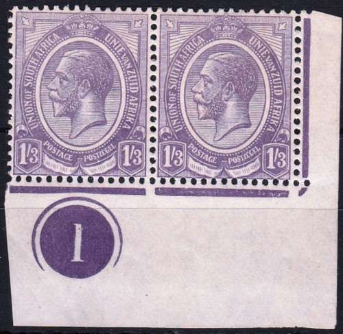 UNION 1920: KH 1/3d  VIOLET IN LOWER RIGHT CORNER PLATE 1 PAIR MLH (SACC 12)