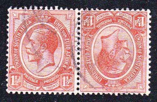UNION OF SA 1913: KG V  1 1/2d TETE-BECHE  PAIR USED (SACC4b)