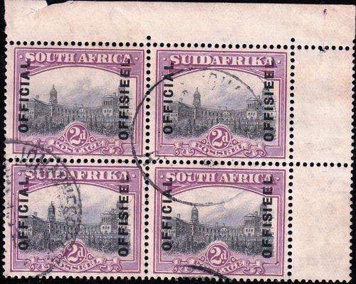 SA 1928: CORNER BLOCK OF 4x 2d OFFICIAL STAMPS USED (SACC 6)